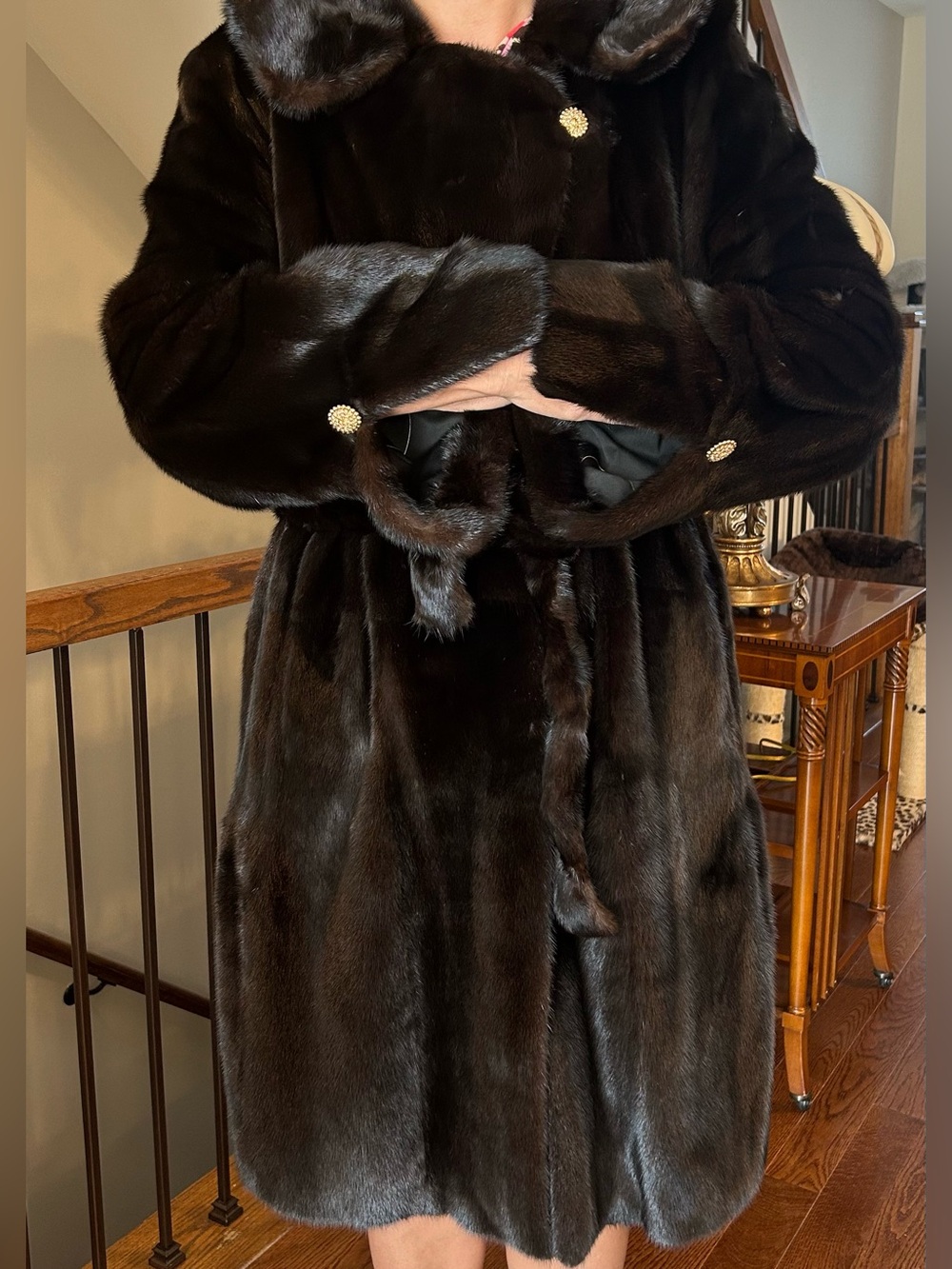 Mido Dark Brown Faux Fur Coat with Gold Buttons